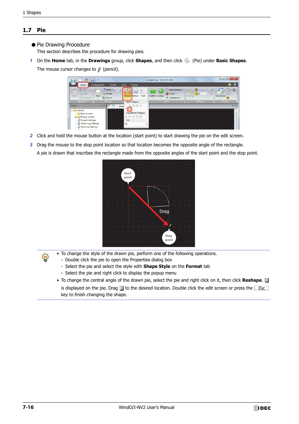 7 pie, Pie drawing procedure, Pie -16 | IDEC High Performance Series User Manual | Page 310 / 1448