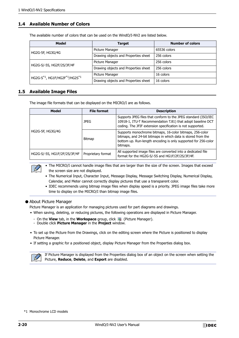 4 available number of colors, 5 available image files, About picture manager | Available number of colors -20, Available image files -20 | IDEC High Performance Series User Manual | Page 50 / 1448