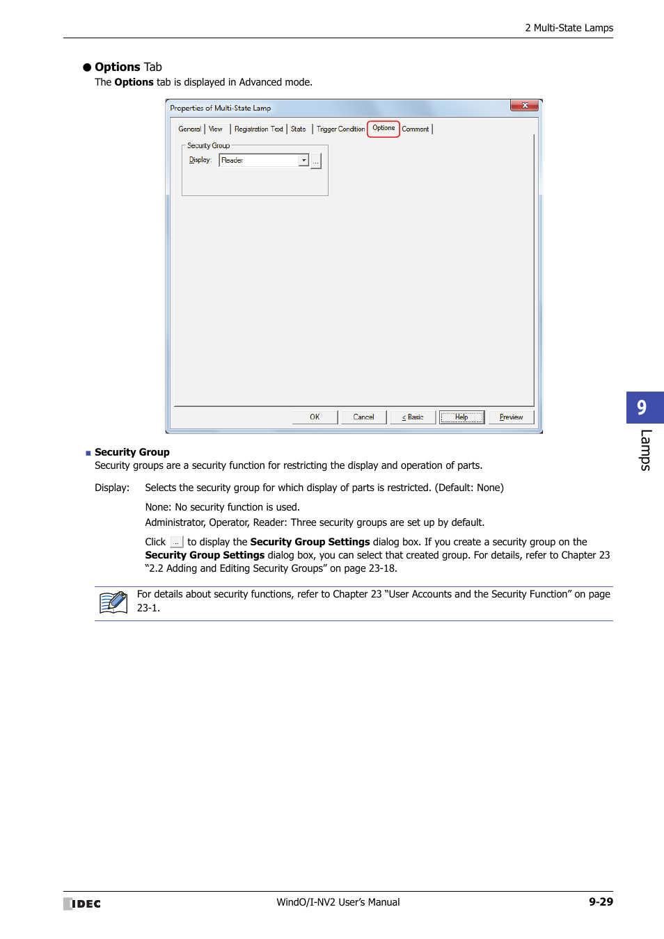 Options tab, Lamps | IDEC High Performance Series User Manual | Page 509 / 1448