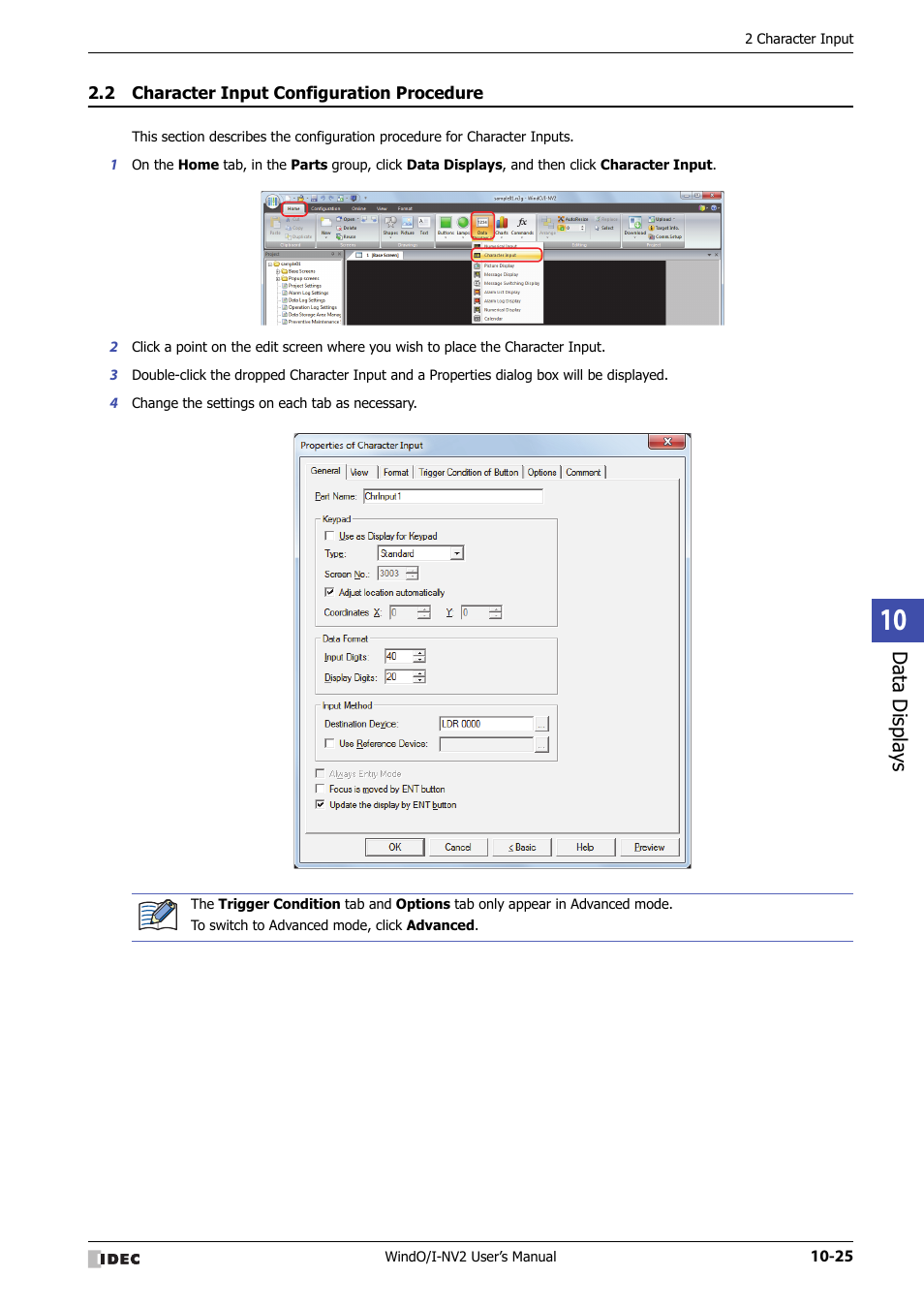 2 character input configuration procedure, Character input configuration procedure -25, Data displa ys | IDEC High Performance Series User Manual | Page 537 / 1448