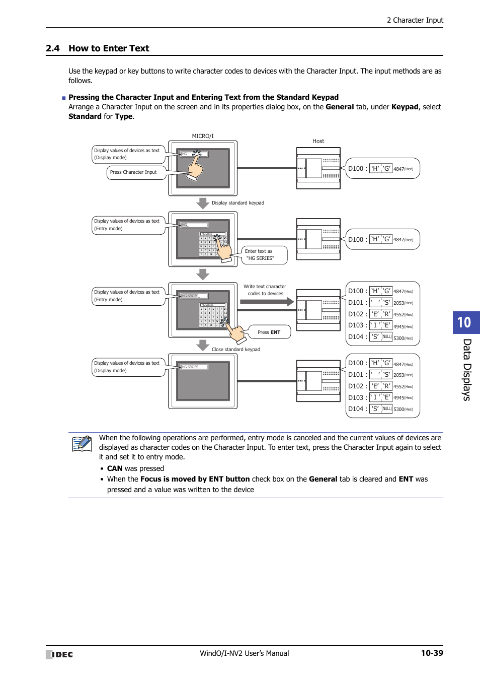 4 how to enter text, How to enter text -39, Data displa ys | IDEC High Performance Series User Manual | Page 551 / 1448