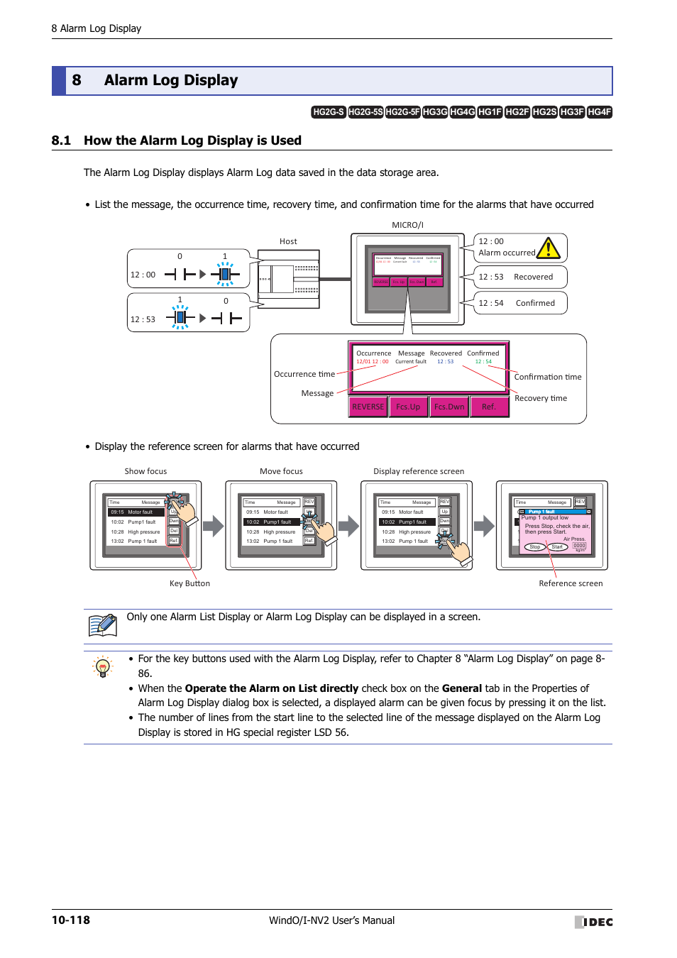 8 alarm log display, 1 how the alarm log display is used, Alarm log display -118 | How the alarm log display is used -118, 8alarm log display, Windo/i-nv2 user’s manual | IDEC High Performance Series User Manual | Page 630 / 1448
