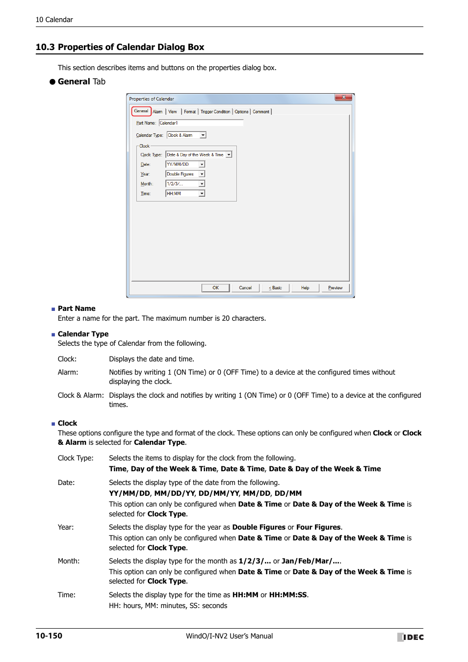 3 properties of calendar dialog box, General tab, Properties of calendar dialog box -150 | IDEC High Performance Series User Manual | Page 662 / 1448