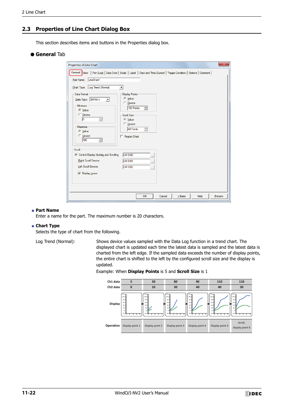 3 properties of line chart dialog box, General tab, Properties of line chart dialog box -22 | 2 line chart, Windo/i-nv2 user’s manual | IDEC High Performance Series User Manual | Page 694 / 1448