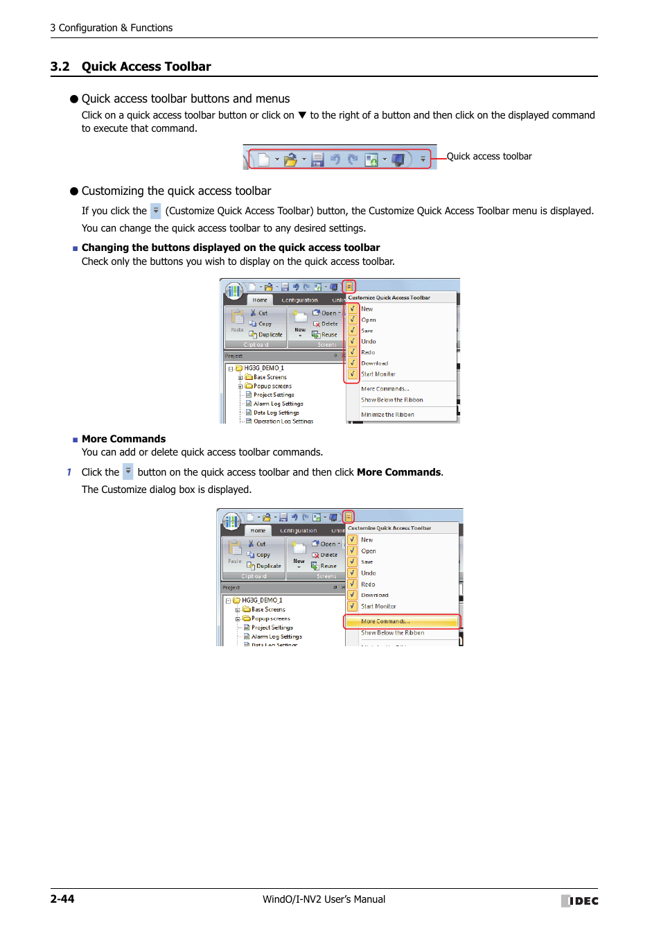 2 quick access toolbar, Quick access toolbar buttons and menus, Customizing the quick access toolbar | Quick access toolbar -44 | IDEC High Performance Series User Manual | Page 74 / 1448