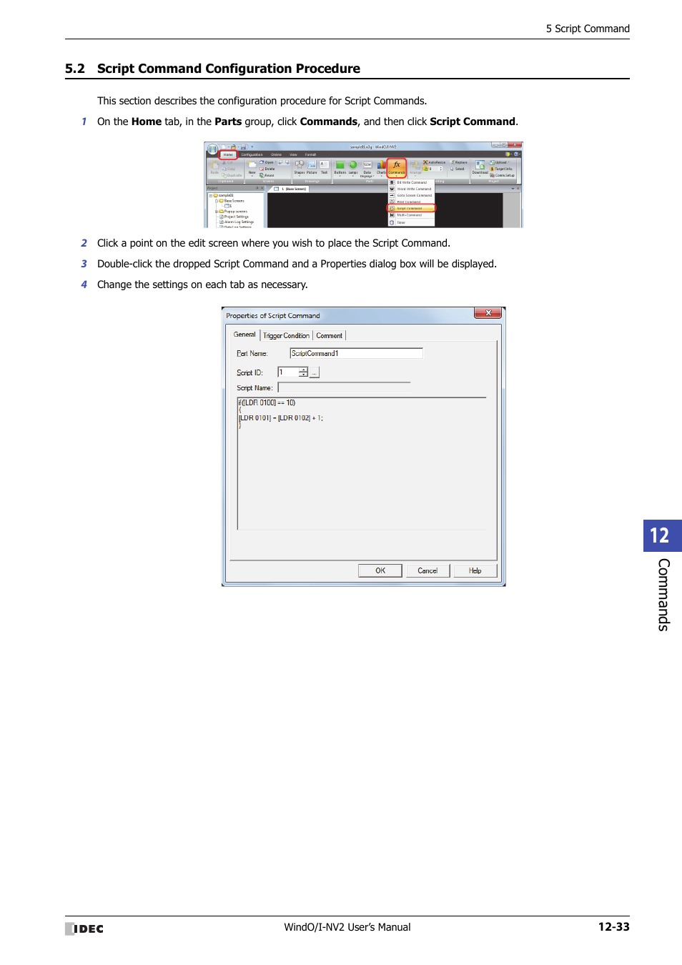 2 script command configuration procedure, Script command configuration procedure -33, Commands | IDEC High Performance Series User Manual | Page 769 / 1448