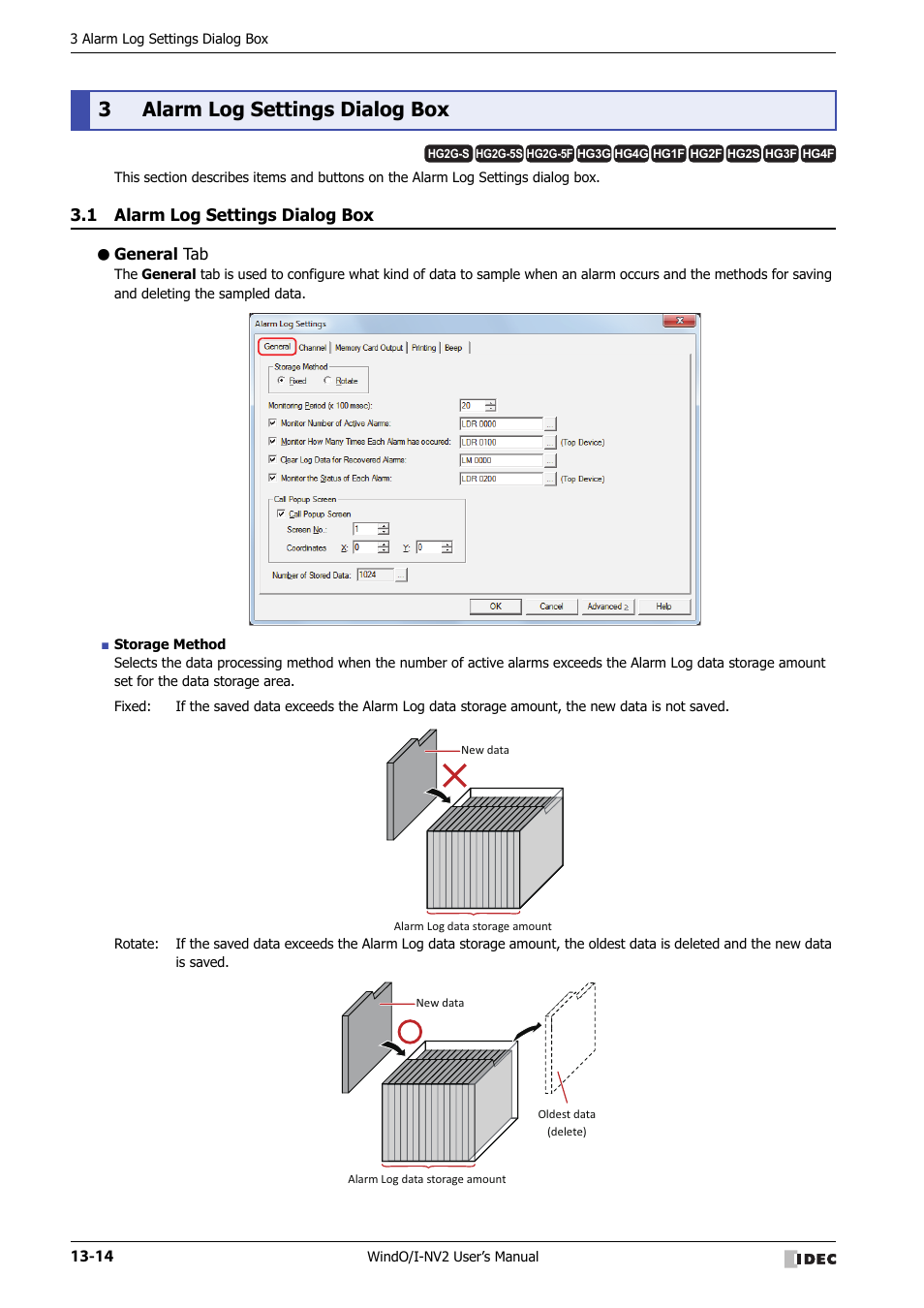 3 alarm log settings dialog box, 1 alarm log settings dialog box, General tab | Alarm log settings dialog box -14, 3alarm log settings dialog box | IDEC High Performance Series User Manual | Page 812 / 1448