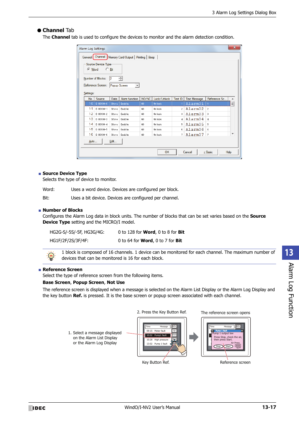 Channel tab, Alarm log function, Windo/i-nv2 user’s manual | 3 alarm log settings dialog box | IDEC High Performance Series User Manual | Page 815 / 1448