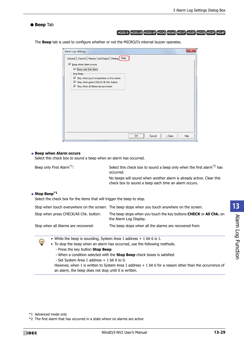 Beep tab, Alarm log function | IDEC High Performance Series User Manual | Page 827 / 1448