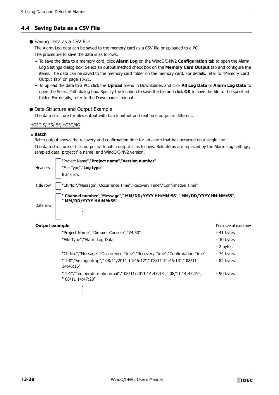 4 saving data as a csv file, Saving data as a csv file, Data structure and output example | Saving data as a csv file -38 | IDEC High Performance Series User Manual | Page 836 / 1448