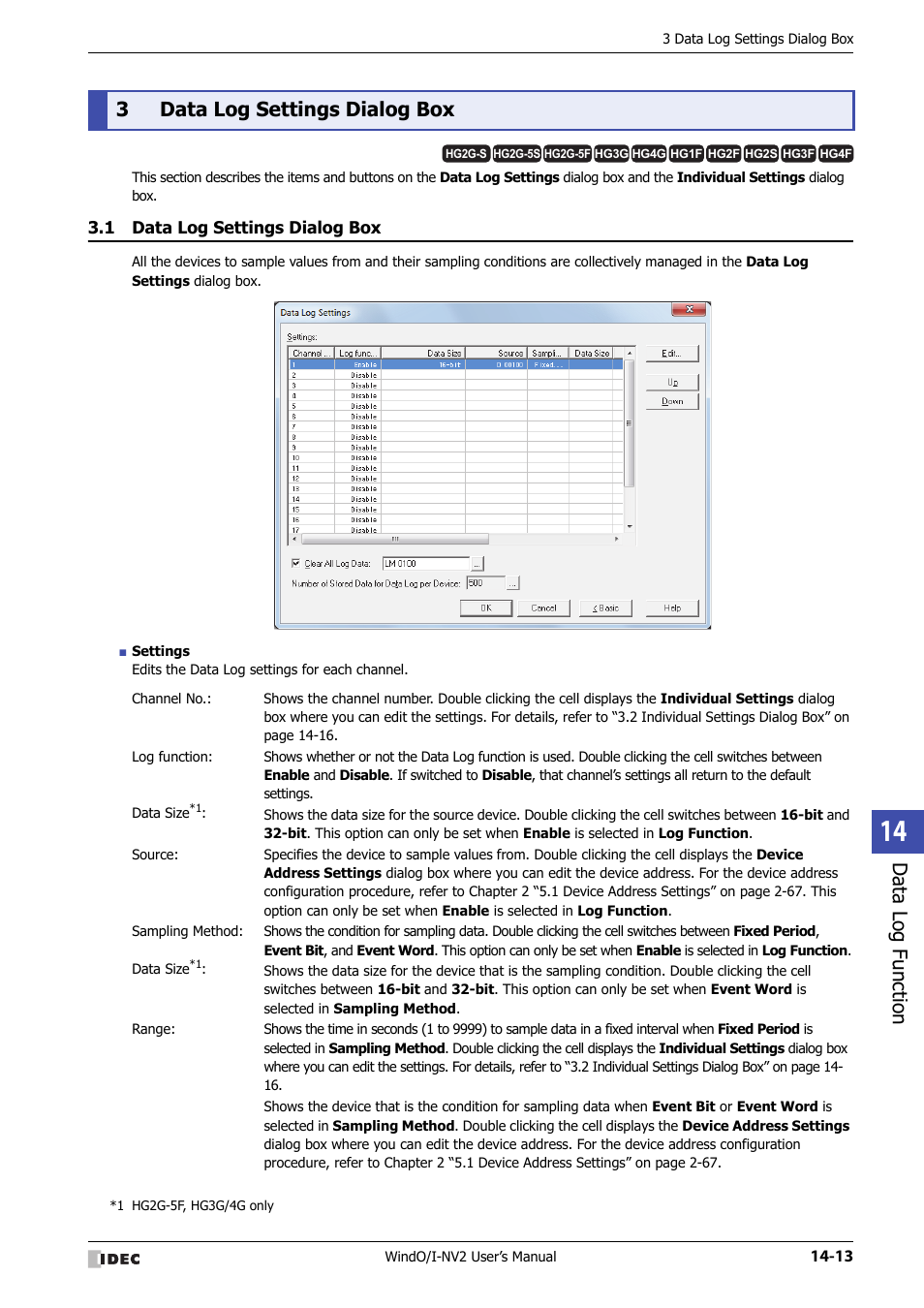 3 data log settings dialog box, 1 data log settings dialog box, Data log settings dialog box -13 | Data log function, 3data log settings dialog box | IDEC High Performance Series User Manual | Page 851 / 1448