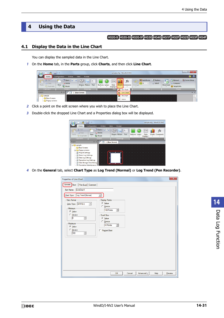 4 using the data, 1 display the data in the line chart, Using the data -31 | Display the data in the line chart -31, Data log function, 4using the data | IDEC High Performance Series User Manual | Page 869 / 1448