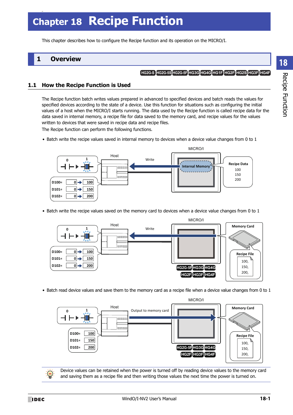Chapter 18 recipe function, 1 overview, 1 how the recipe function is used | Overview -1, How the recipe function is used -1, Recipe function, Chapter 18, Rec ipe func tion, 1overview | IDEC High Performance Series User Manual | Page 927 / 1448