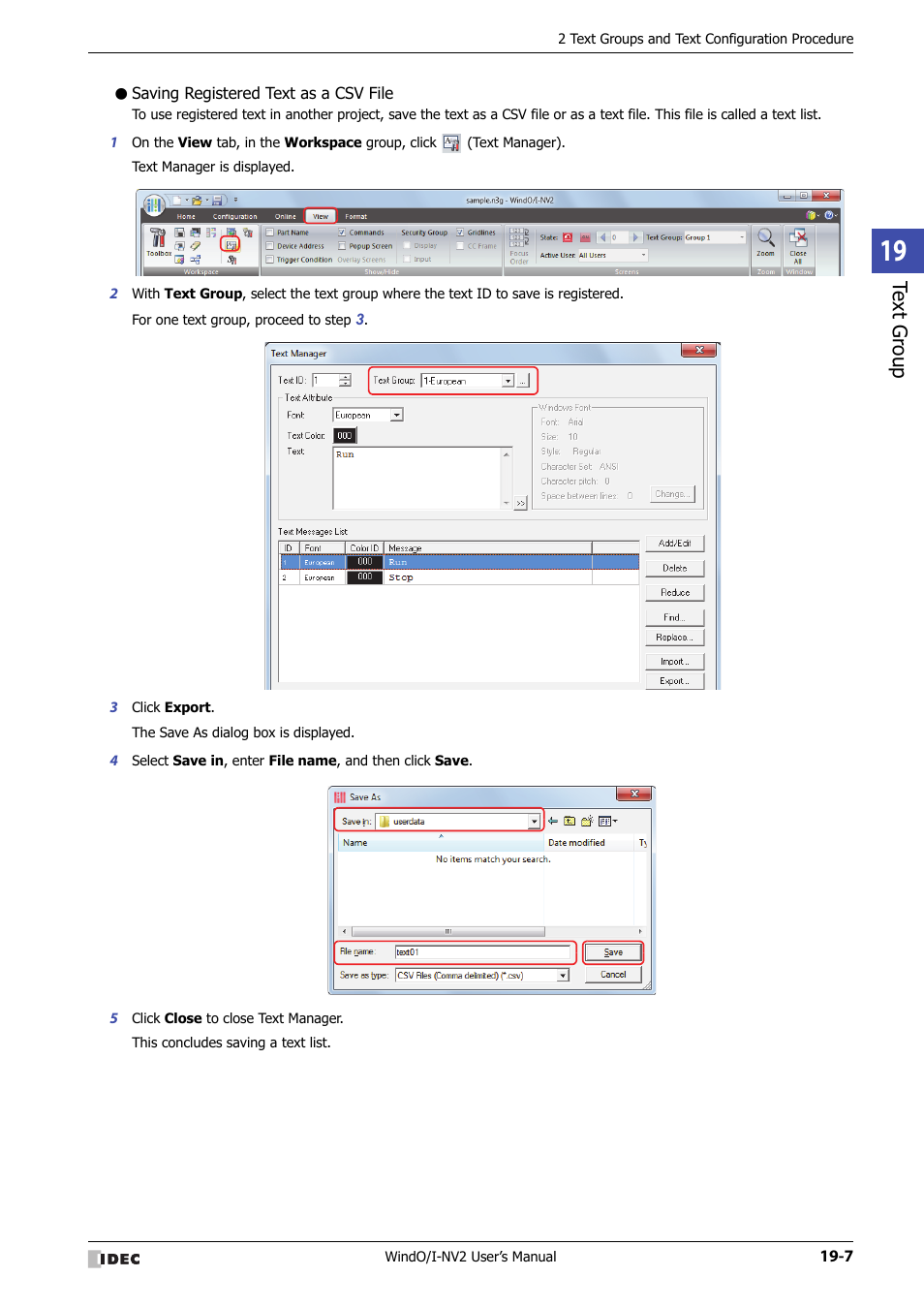 Saving registered text as a csv file, Te xt g ro up | IDEC High Performance Series User Manual | Page 955 / 1448