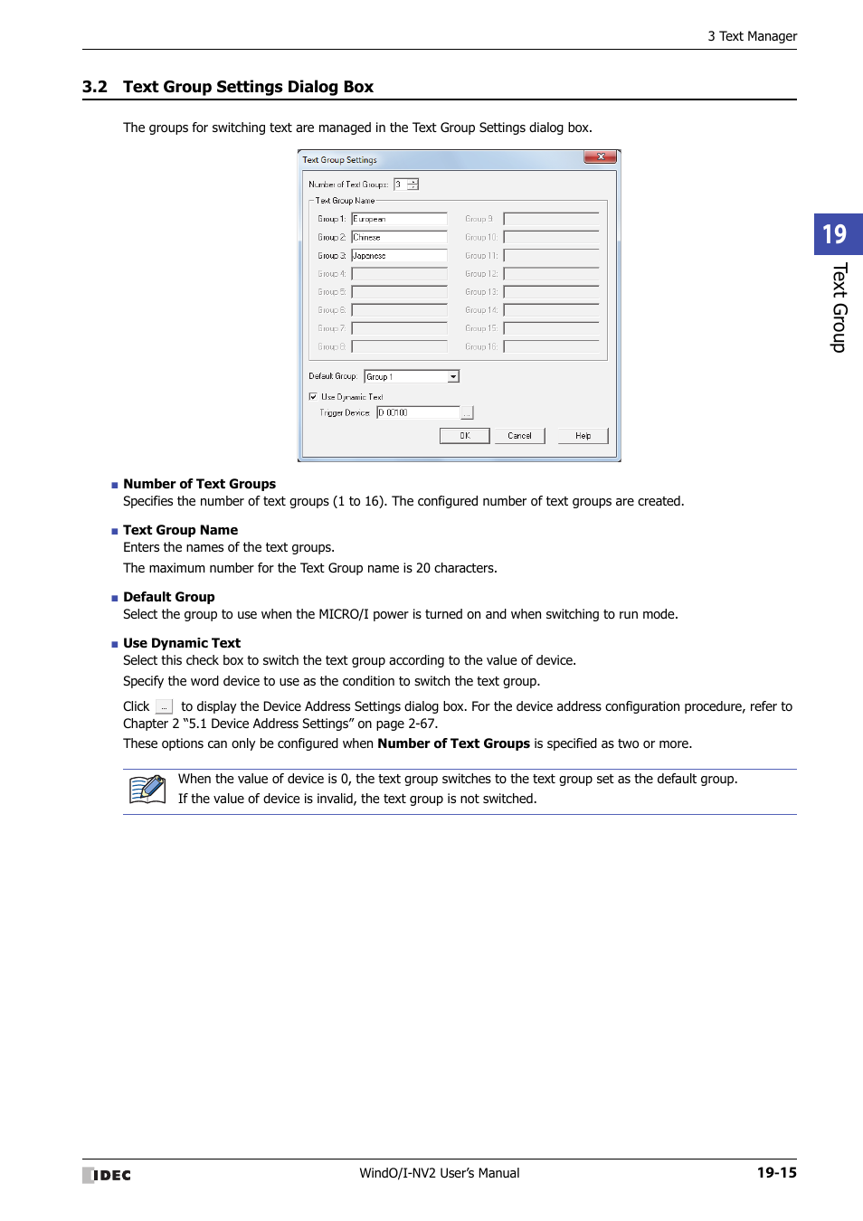 2 text group settings dialog box, Text group settings dialog box -15, Te xt g ro up | IDEC High Performance Series User Manual | Page 963 / 1448