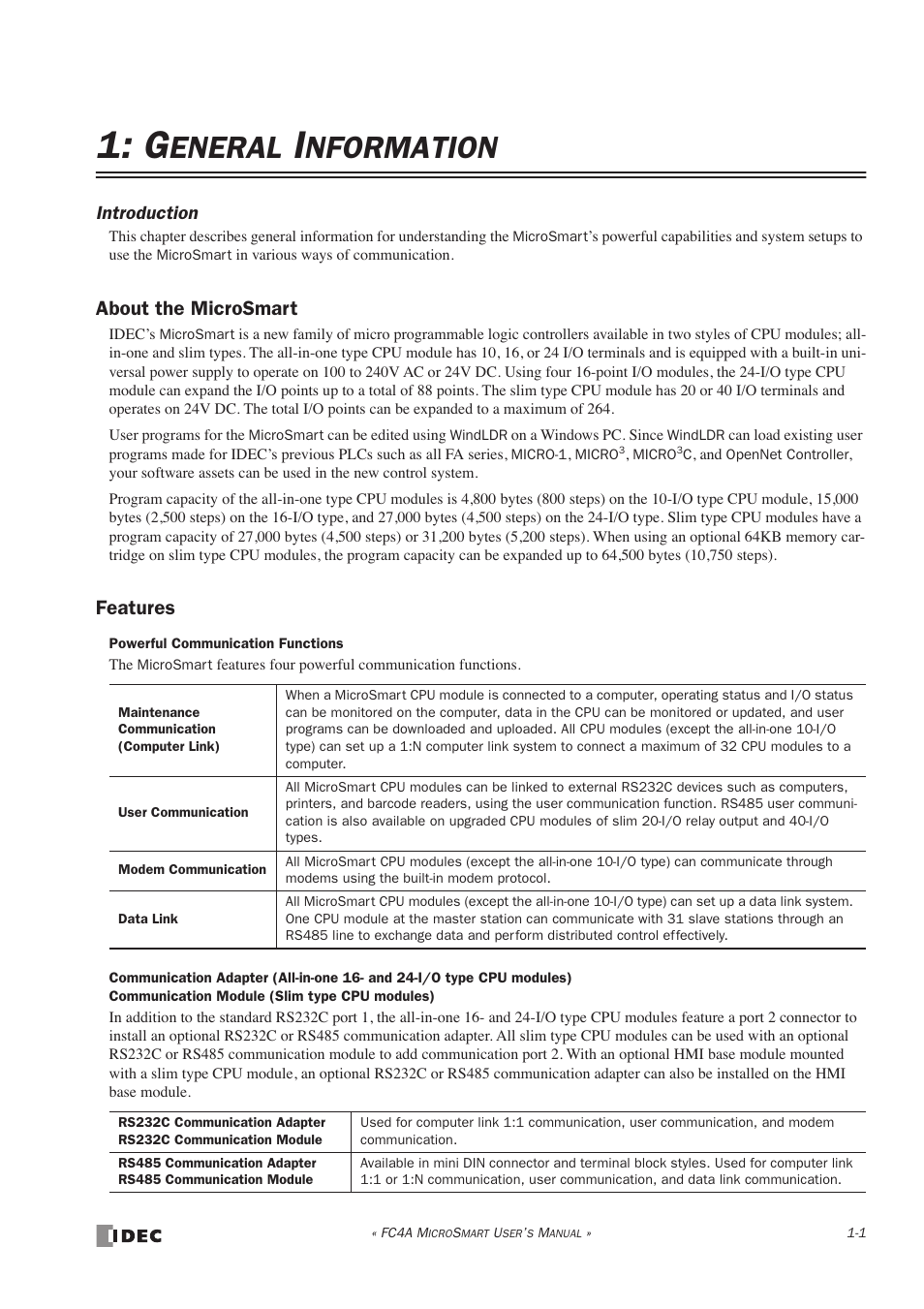 General information, About the microsmart, Features | Eneral, Nformation | IDEC MicroSmart User Manual | Page 13 / 525