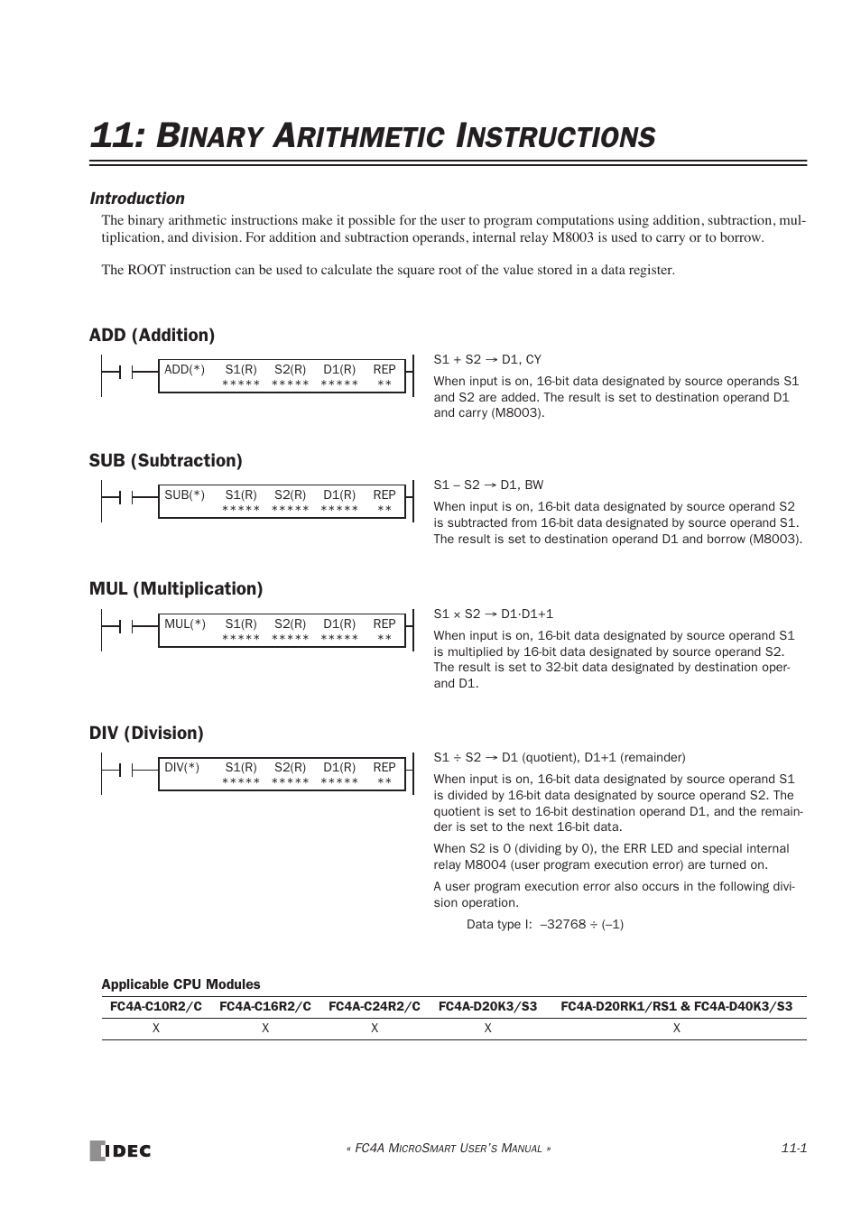 Binary arithmetic instructions, Add (addition), Sub (subtraction) | Mul (multiplication), Div (division), Inary, Rithmetic, Nstructions | IDEC MicroSmart User Manual | Page 233 / 525