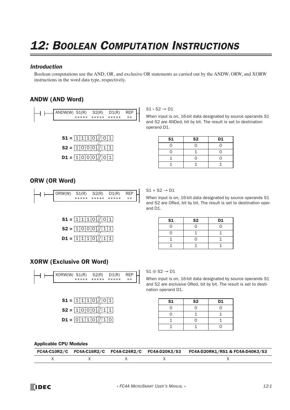 Boolean computation instructions, Andw (and word), Orw (or word) | Xorw (exclusive or word), Oolean, Omputation, Nstructions, Introduction | IDEC MicroSmart User Manual | Page 241 / 525