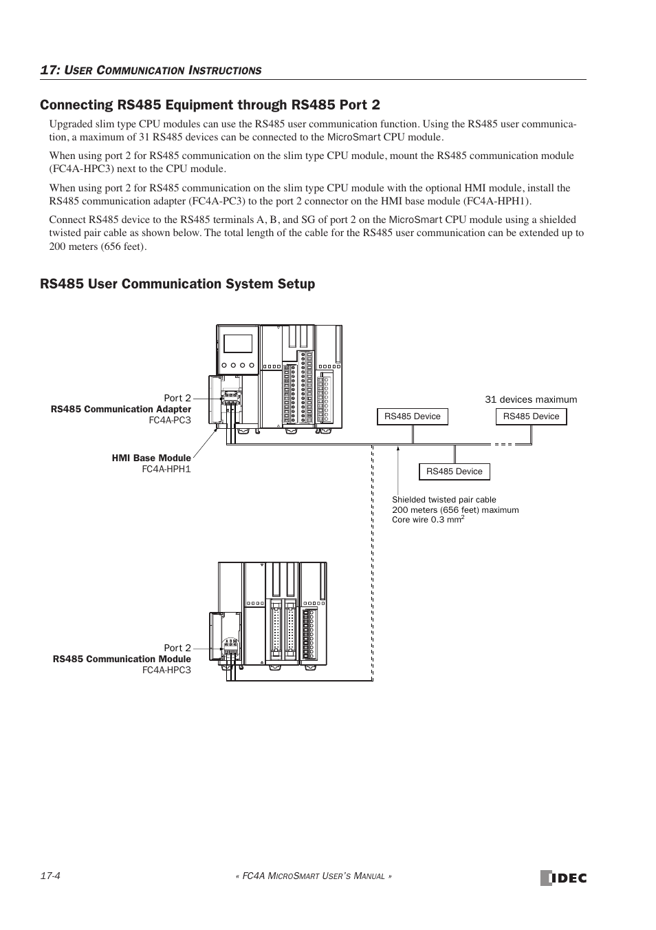 Connecting rs485 equipment through rs485 port 2, Rs485 user communication system setup | IDEC MicroSmart User Manual | Page 282 / 525