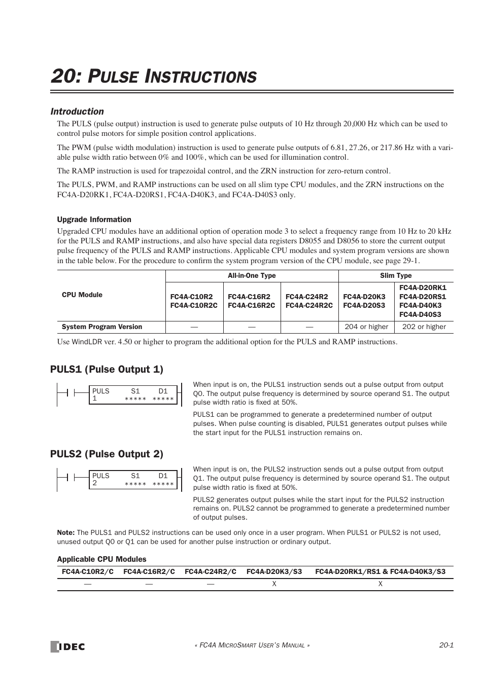 Pulse instructions, Puls1 (pulse output 1), Puls2 (pulse output 2) | Ulse, Nstructions, Puls1 (pulse output 1) puls2 (pulse output 2) | IDEC MicroSmart User Manual | Page 329 / 525