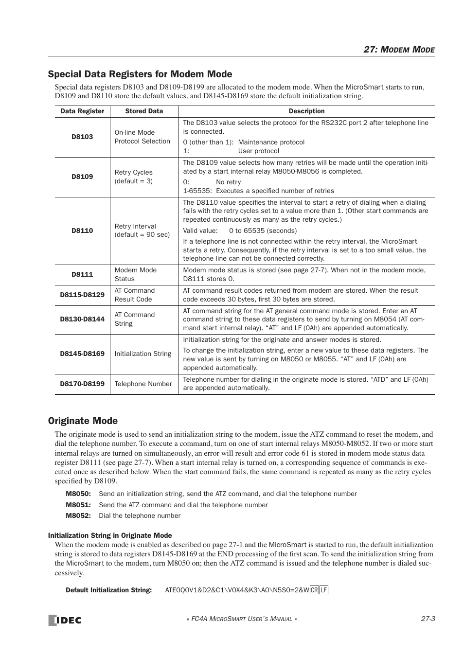 Special data registers for modem mode, Originate mode | IDEC MicroSmart User Manual | Page 429 / 525
