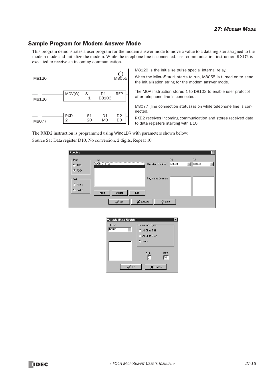Sample program for modem answer mode, Sample program for modem answer mode -13 | IDEC MicroSmart User Manual | Page 439 / 525