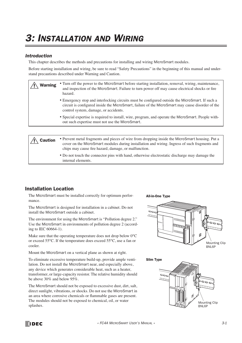 Installation and wiring, Installation location, Nstallation | Iring | IDEC MicroSmart User Manual | Page 95 / 525