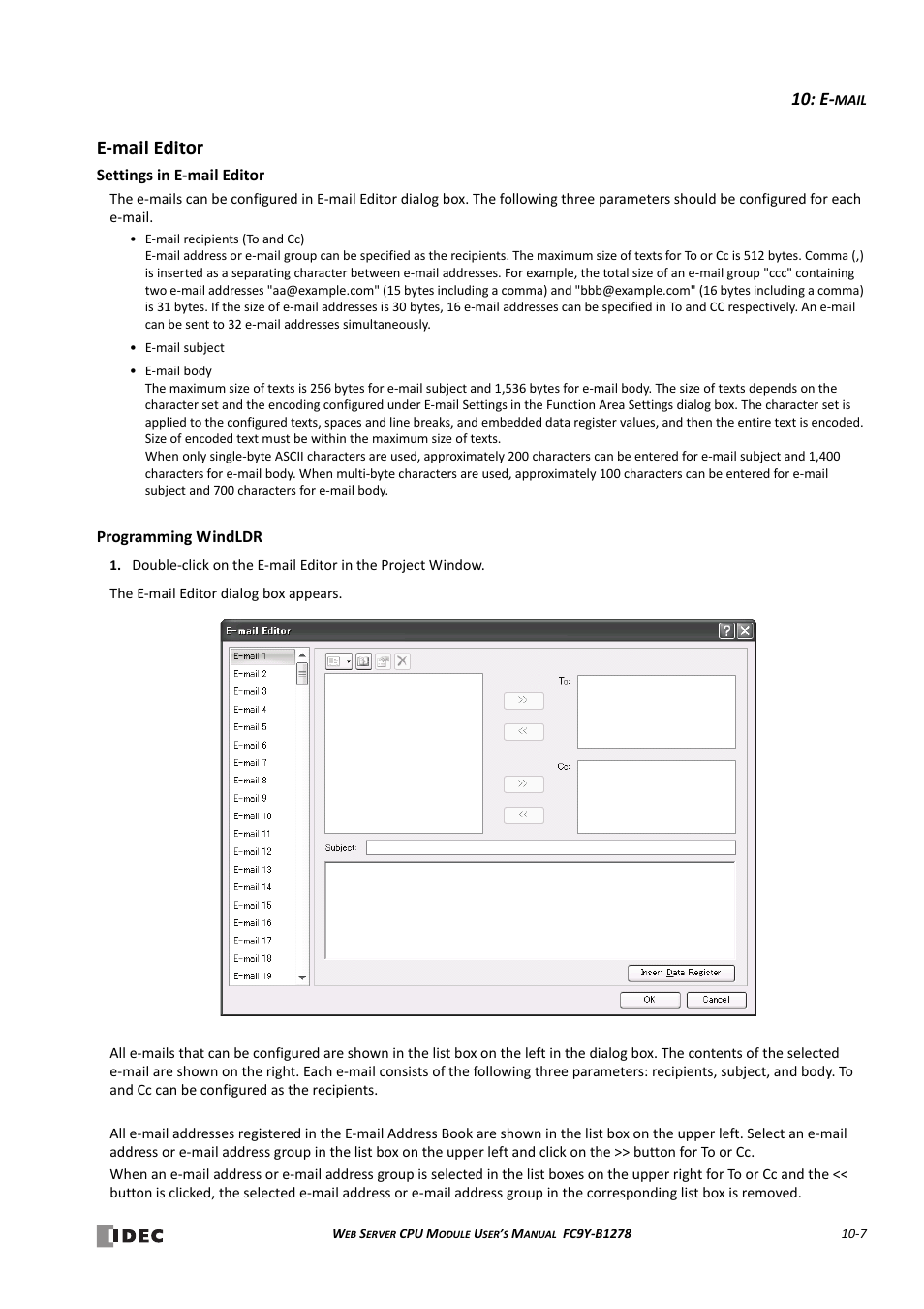 E-mail editor | IDEC MicroSmart Pentra User Manual | Page 105 / 168