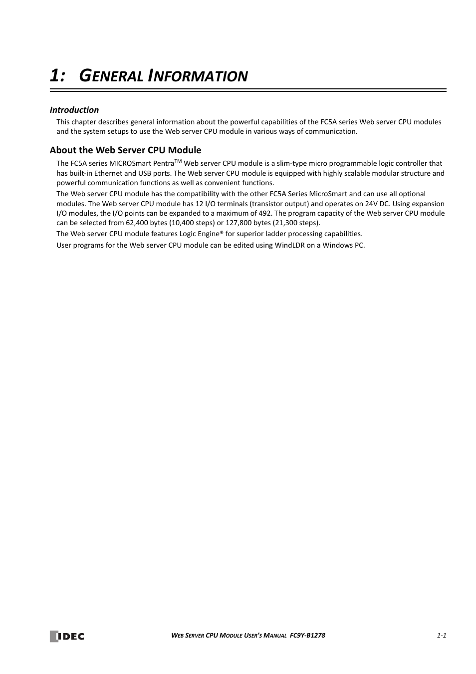 General information, About the web server cpu module, Hapter | About the web server cpu module -1, Eneral, Nformation | IDEC MicroSmart Pentra User Manual | Page 11 / 168
