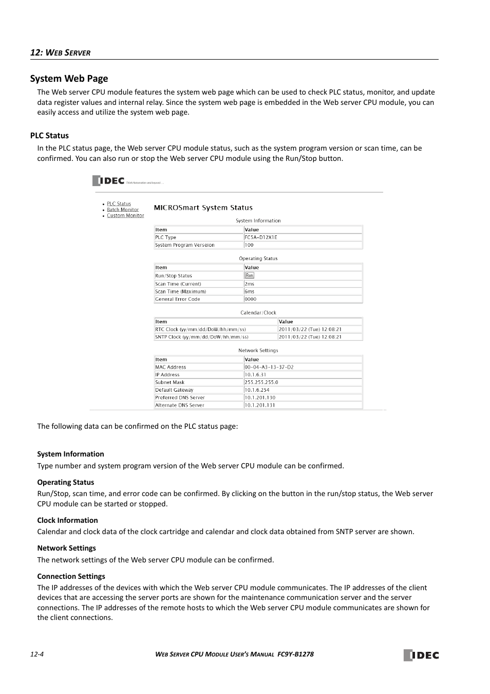 Plc status -4, System web page | IDEC MicroSmart Pentra User Manual | Page 112 / 168