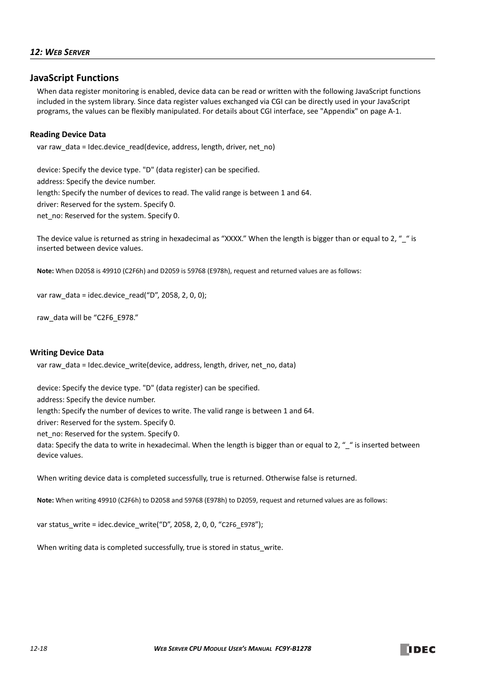 Javascript functions, Javascript functions -18, Reading device data -18 writing device data -18 | IDEC MicroSmart Pentra User Manual | Page 126 / 168