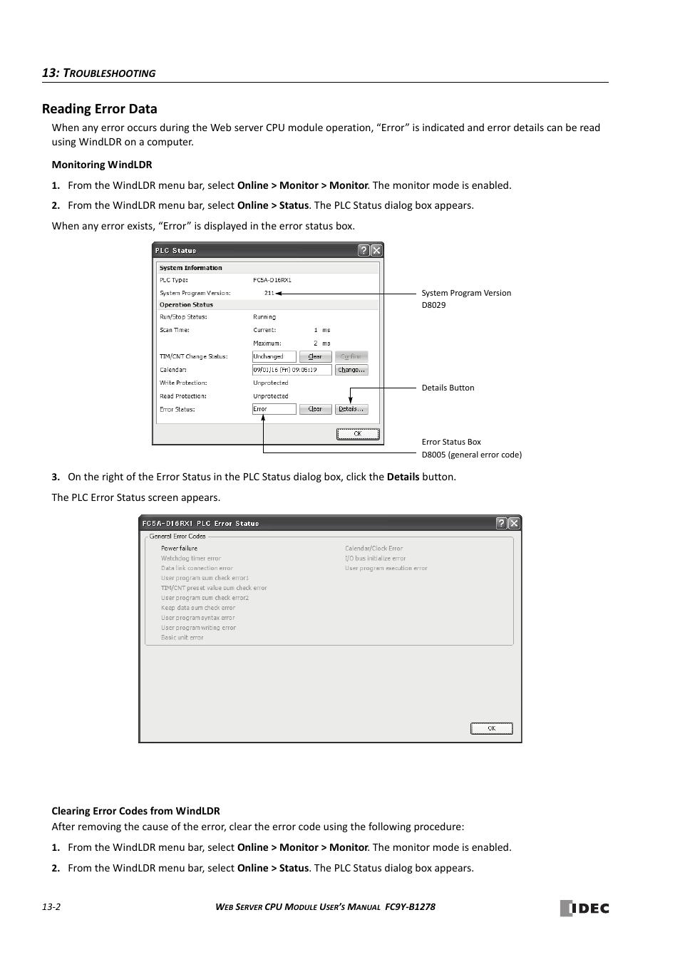Reading error data, Reading error data -2 | IDEC MicroSmart Pentra User Manual | Page 128 / 168