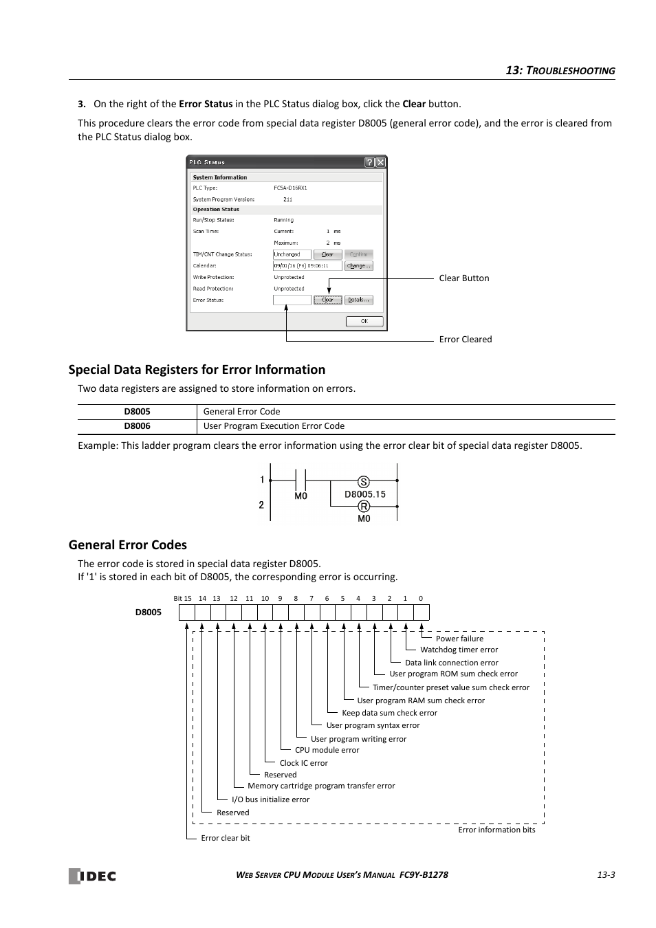 Special data registers for error information, General error codes | IDEC MicroSmart Pentra User Manual | Page 129 / 168