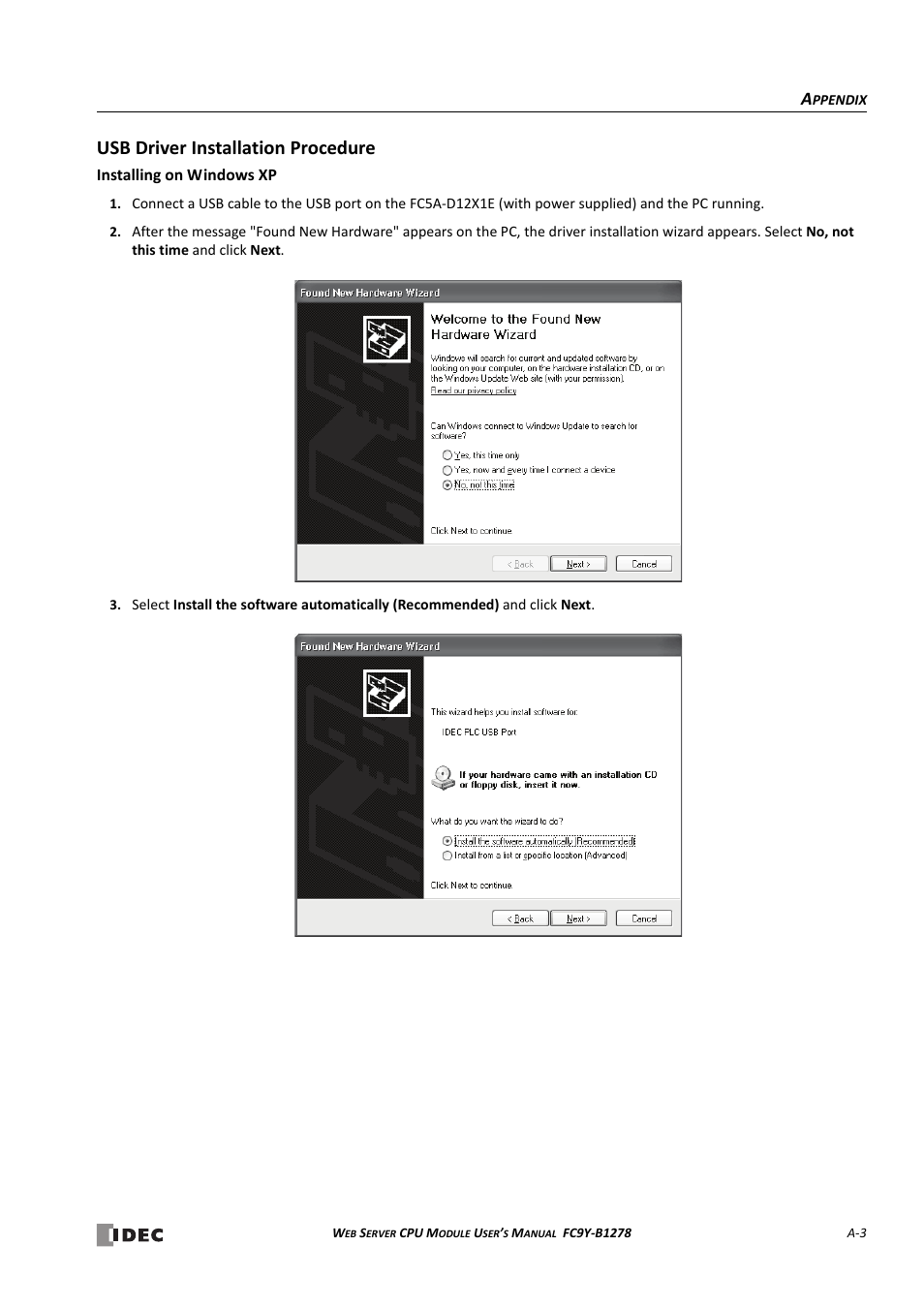 Usb driver installation procedure | IDEC MicroSmart Pentra User Manual | Page 157 / 168