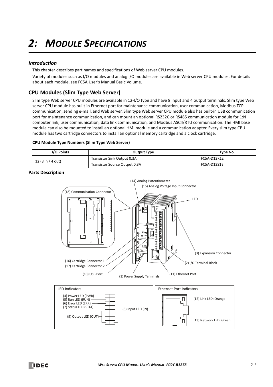 Module specifications, Cpu modules (slim type web server), Cpu modules (slim type web server) -1 | Parts description -1, Odule, Pecifications, Introduction | IDEC MicroSmart Pentra User Manual | Page 17 / 168