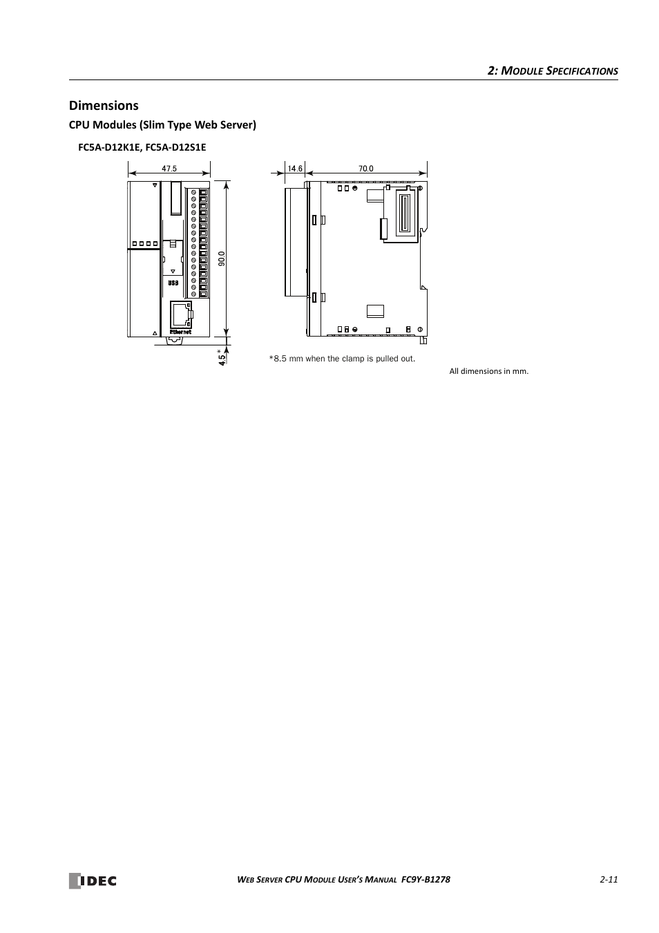 Dimensions, Dimensions -11, Cpu modules (slim type web server) -11 | IDEC MicroSmart Pentra User Manual | Page 27 / 168