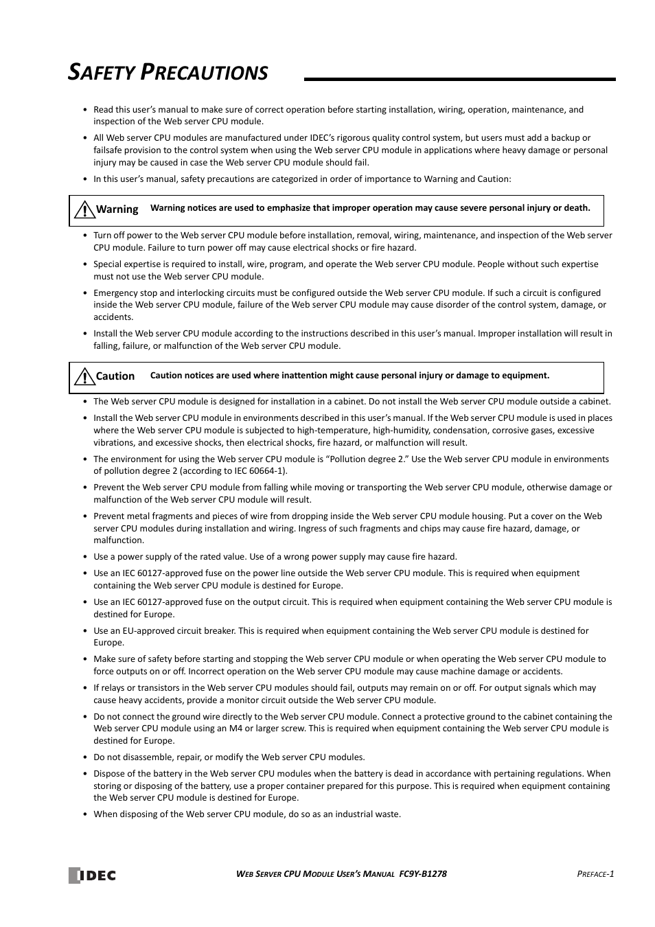 Safety precautions, Afety, Recautions | IDEC MicroSmart Pentra User Manual | Page 3 / 168