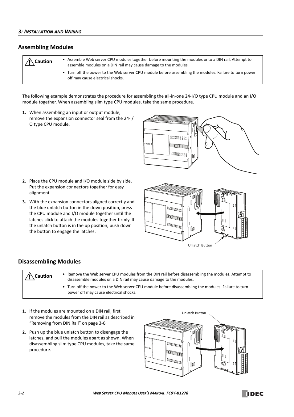 Assembling modules, Disassembling modules, Assembling modules -2 disassembling modules -2 | IDEC MicroSmart Pentra User Manual | Page 30 / 168