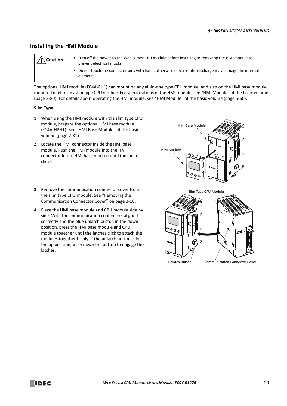 Installing the hmi module, Installing the hmi module -3 | IDEC MicroSmart Pentra User Manual | Page 31 / 168