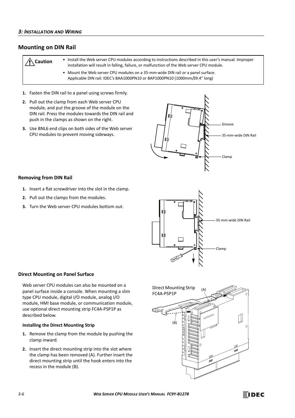 Mounting on din rail, Mounting on din rail -6 | IDEC MicroSmart Pentra User Manual | Page 34 / 168