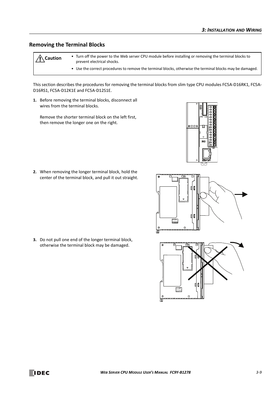 Removing the terminal blocks, Removing the terminal blocks -9 | IDEC MicroSmart Pentra User Manual | Page 37 / 168
