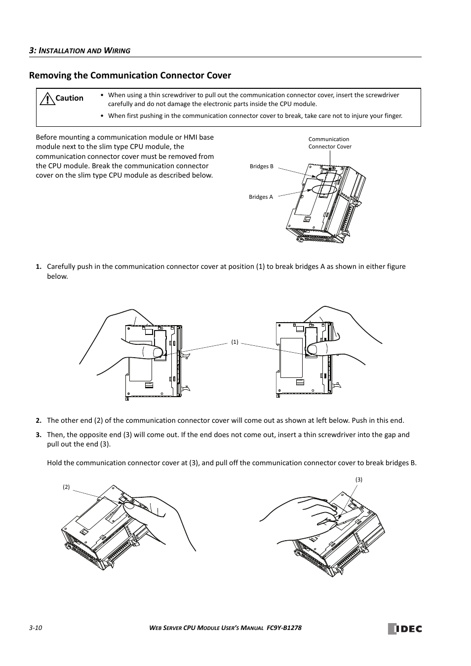 Removing the communication connector cover, Removing the communication connector cover -10 | IDEC MicroSmart Pentra User Manual | Page 38 / 168