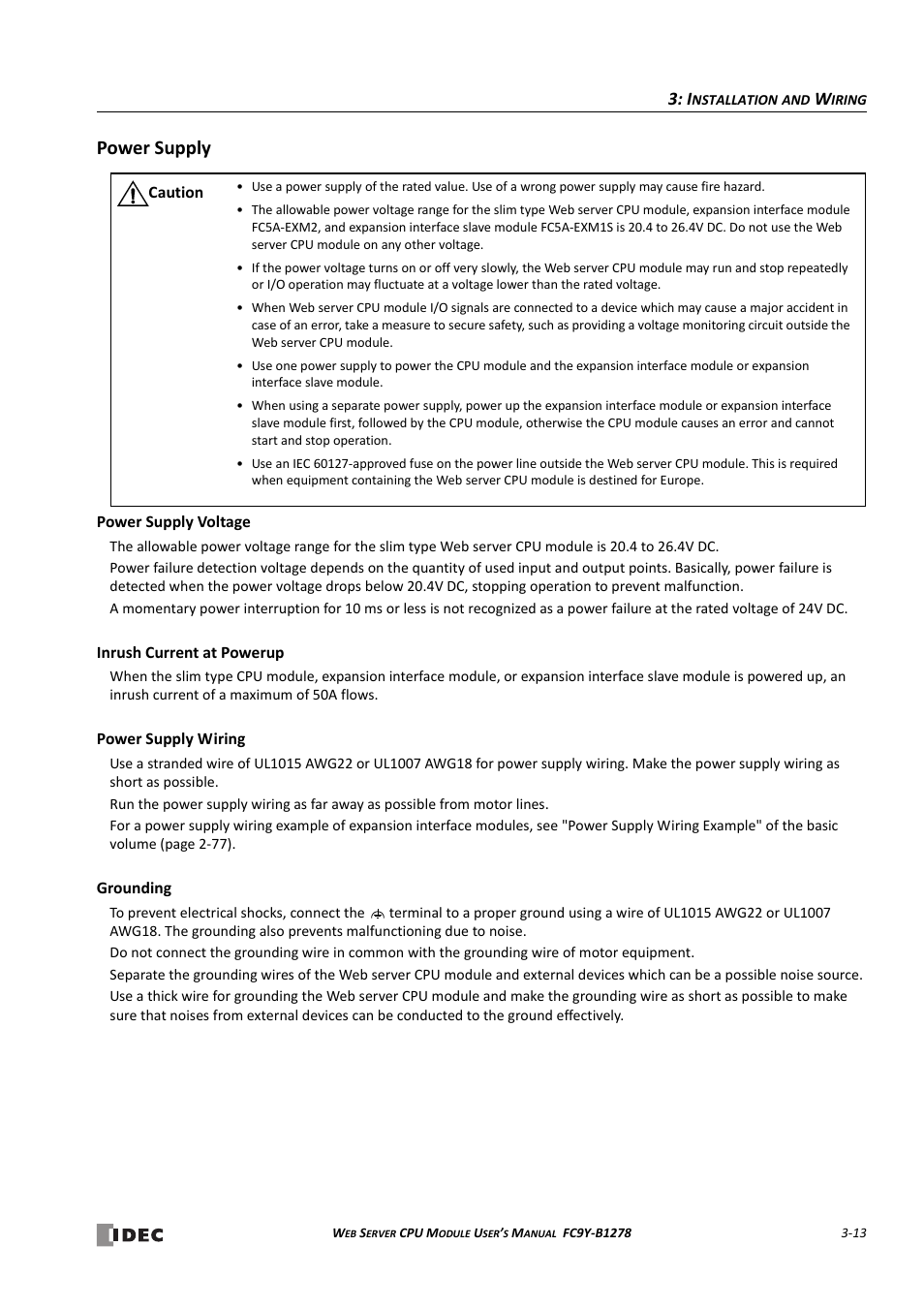 Power supply, Power supply -13 | IDEC MicroSmart Pentra User Manual | Page 41 / 168