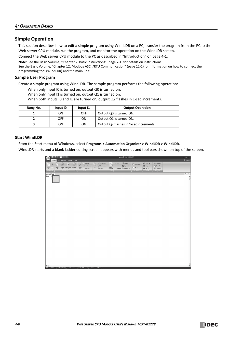 Simple operation, Simple operation -8, Sample user program -8 start windldr -8 | IDEC MicroSmart Pentra User Manual | Page 54 / 168