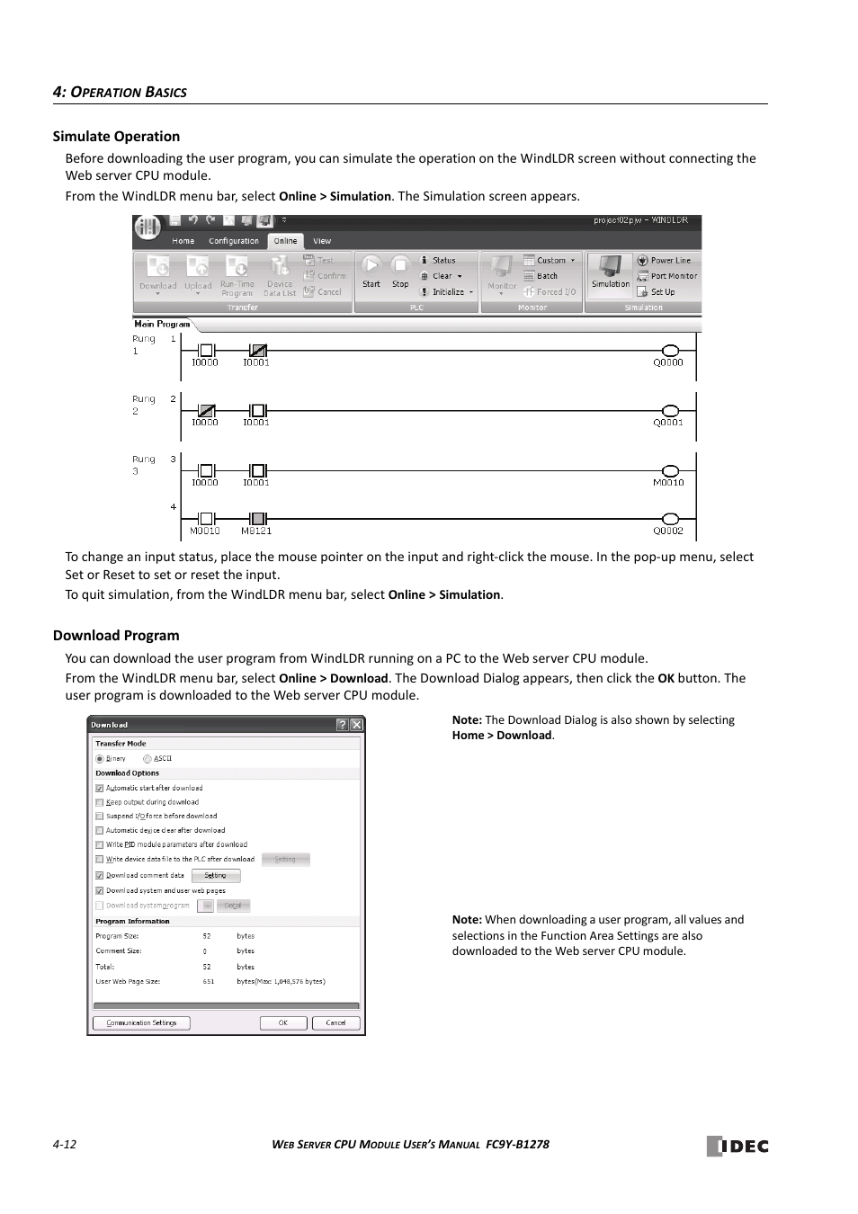 Simulate operation -12 download program -12 | IDEC MicroSmart Pentra User Manual | Page 58 / 168