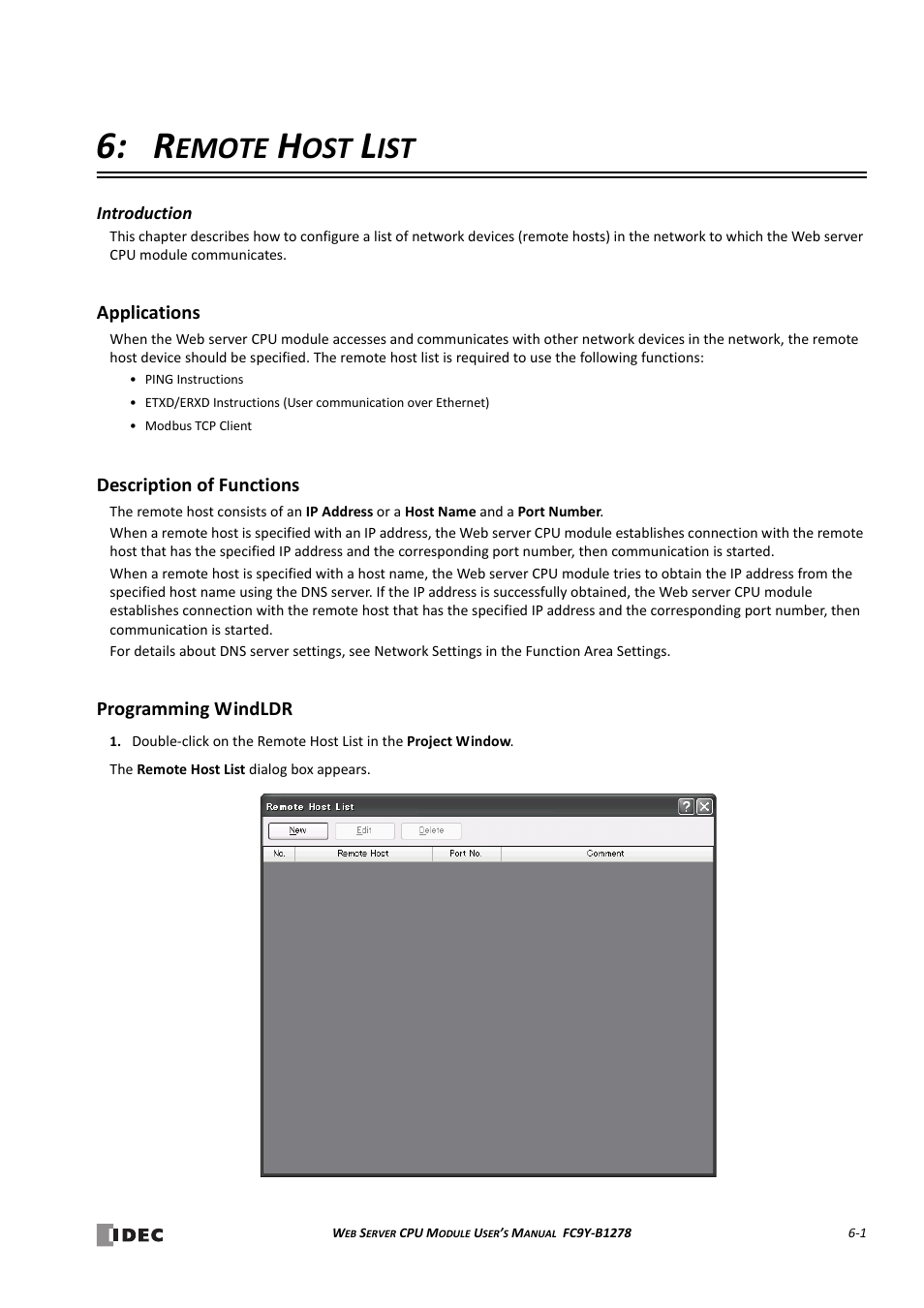 Remote host list, Applications, Description of functions | Programming windldr, Hapter, Emote | IDEC MicroSmart Pentra User Manual | Page 75 / 168