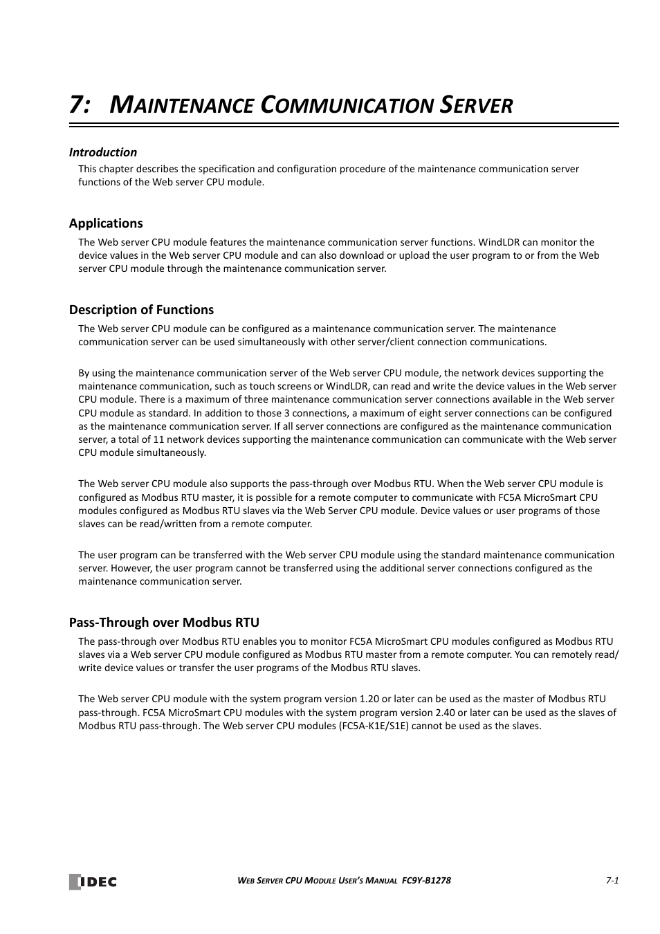 Maintenance communication server, Applications, Description of functions | Pass-through over modbus rtu, Hapter, Applications -1 description of functions -1, Aintenance, Ommunication, Erver | IDEC MicroSmart Pentra User Manual | Page 77 / 168