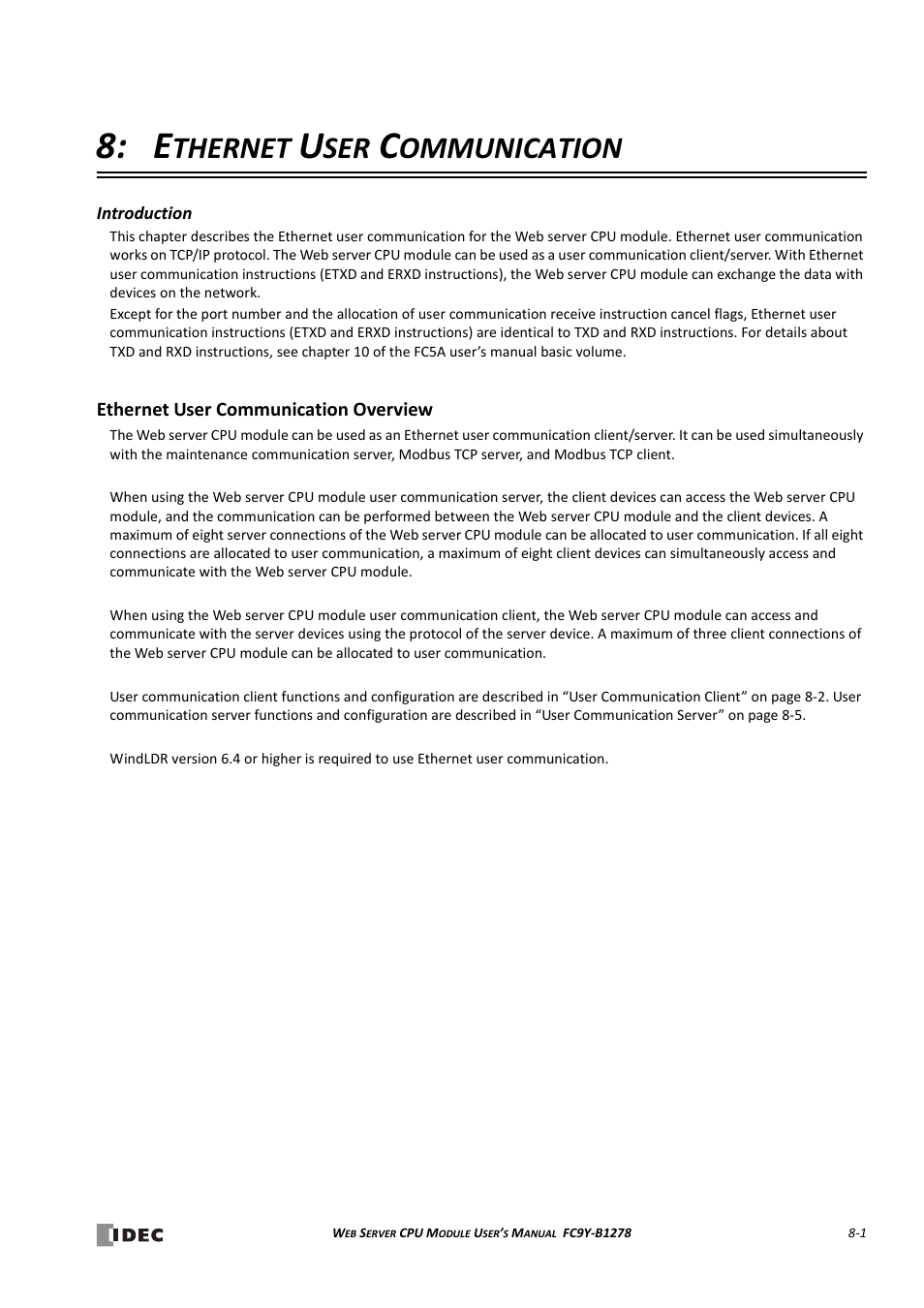 Ethernet user communication, Ethernet user communication overview, Hapter | Ethernet user communication overview -1, Thernet, Ommunication | IDEC MicroSmart Pentra User Manual | Page 81 / 168