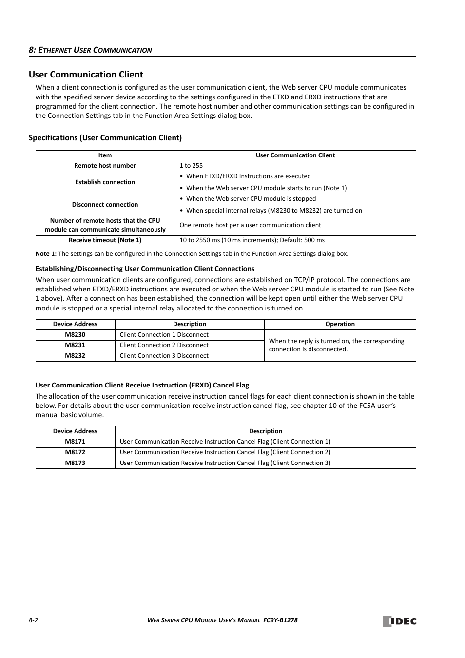 User communication client, User communication client -2, Specifications (user communication client) -2 | IDEC MicroSmart Pentra User Manual | Page 82 / 168