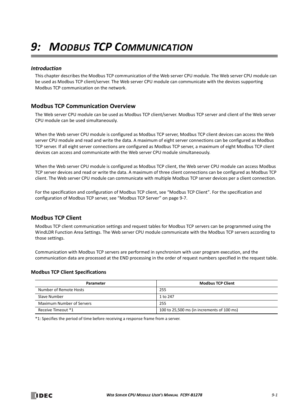 Modbus tcp communication, Modbus tcp communication overview, Modbus tcp client | Hapter, Modbus tcp client specifications -1, Tcp c, Odbus, Ommunication | IDEC MicroSmart Pentra User Manual | Page 89 / 168